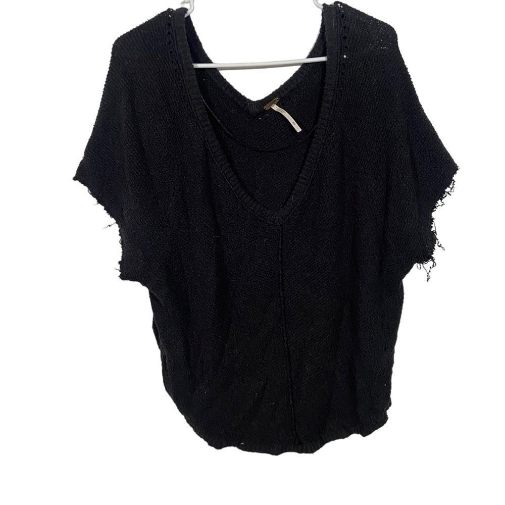 Free People Black Distressed Knit Short Sleeve Crewneck Sweater